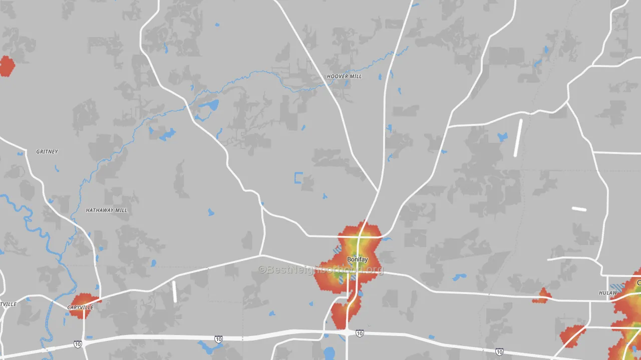 Walk Grade map of Bonifay, FL, walkable areas in green and car-dependent areas in red