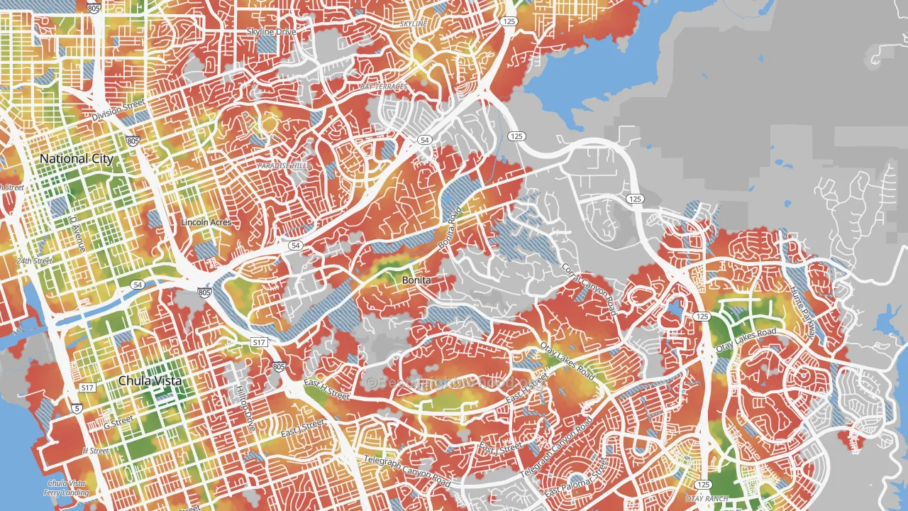 Walk Grade map of Bonita, CA, walkable areas in green and car-dependent areas in red