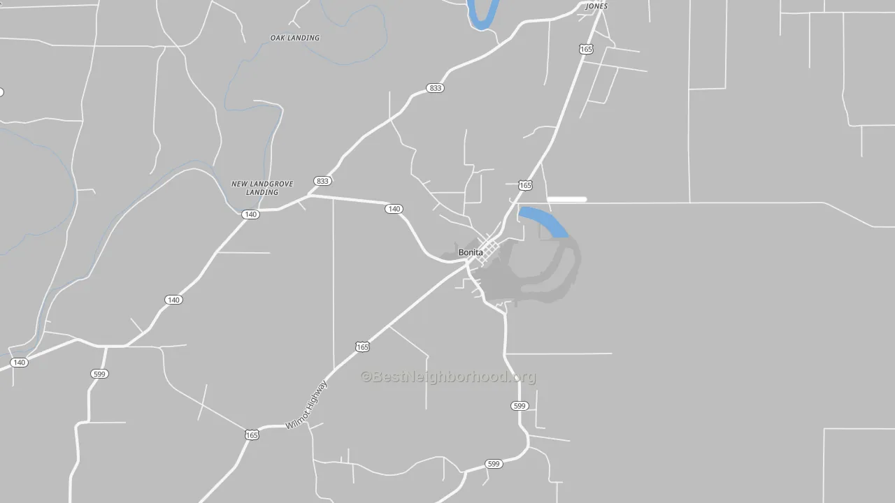 Walk Grade map of Bonita, LA, walkable areas in green and car-dependent areas in red