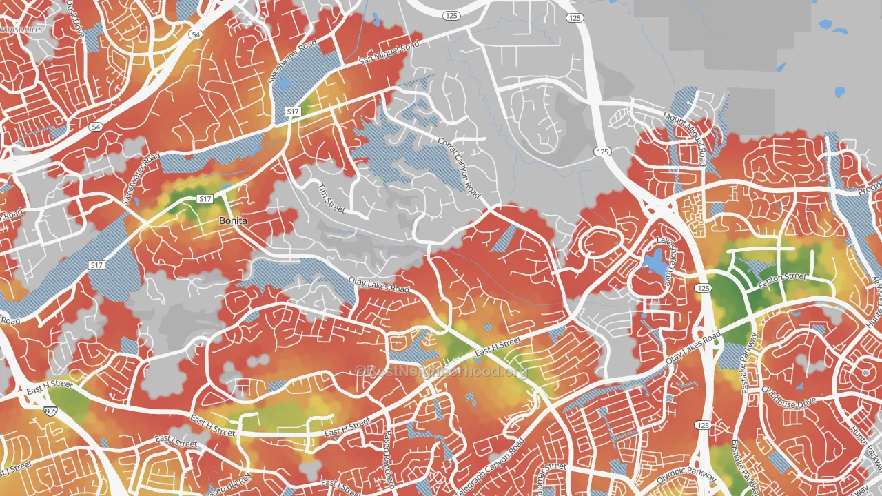 Walk Grade map of Bonita Long Canyon, Bonita, CA, walkable areas in green and car-dependent areas in red