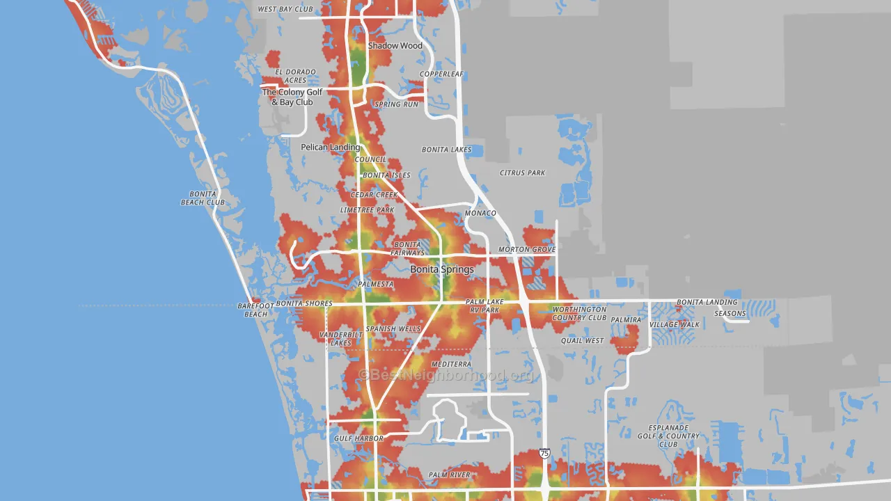 Walk Grade map of Bonita Springs, FL, walkable areas in green and car-dependent areas in red