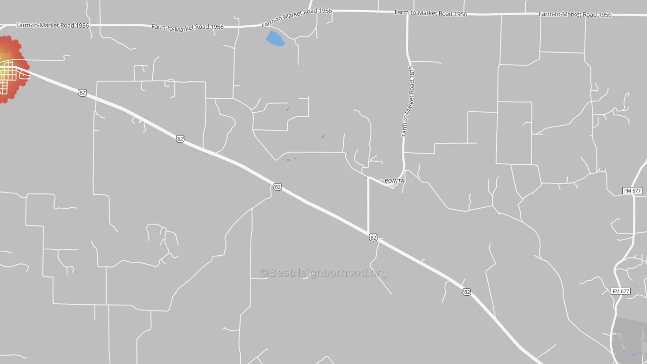 Walk Grade map of Bonita, TX, walkable areas in green and car-dependent areas in red