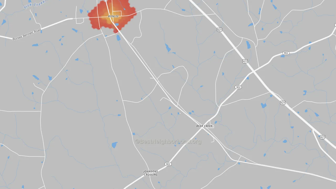Walk Grade map of Bonlee, NC, walkable areas in green and car-dependent areas in red