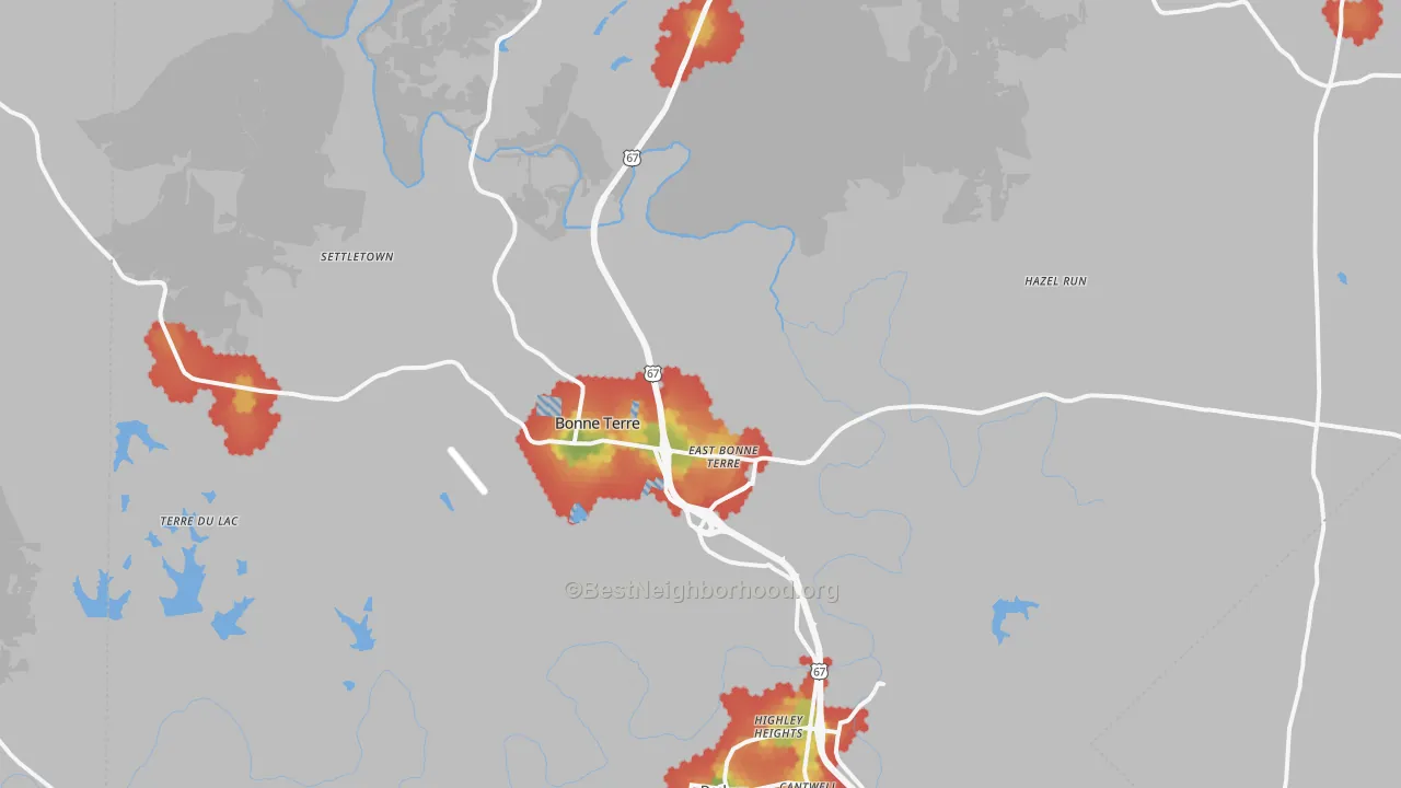 Walk Grade map of Bonne Terre, MO, walkable areas in green and car-dependent areas in red