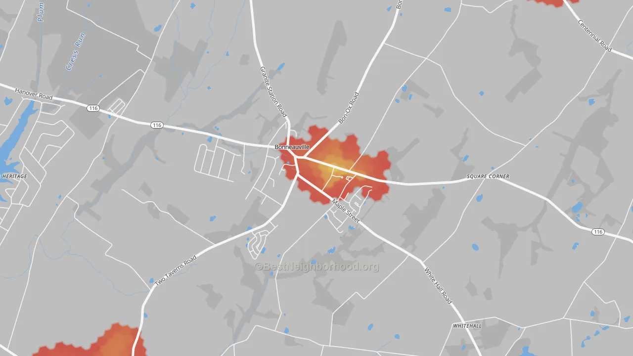 Walk Grade map of Bonneauville, PA, walkable areas in green and car-dependent areas in red
