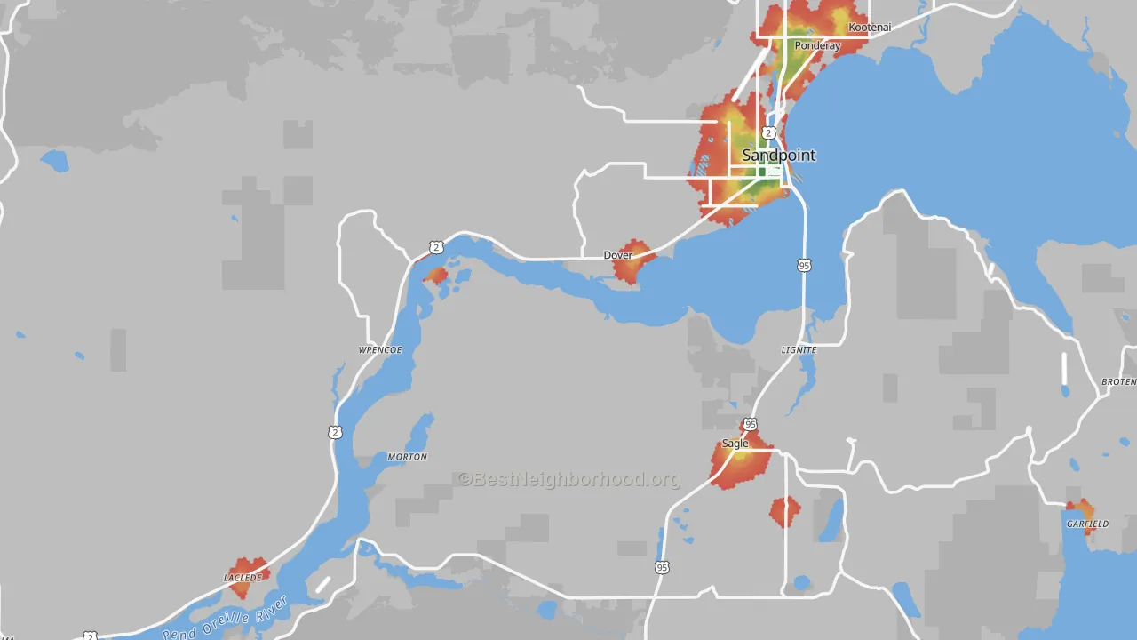 Walk Grade map of Bonner County, ID, walkable areas in green and car-dependent areas in red