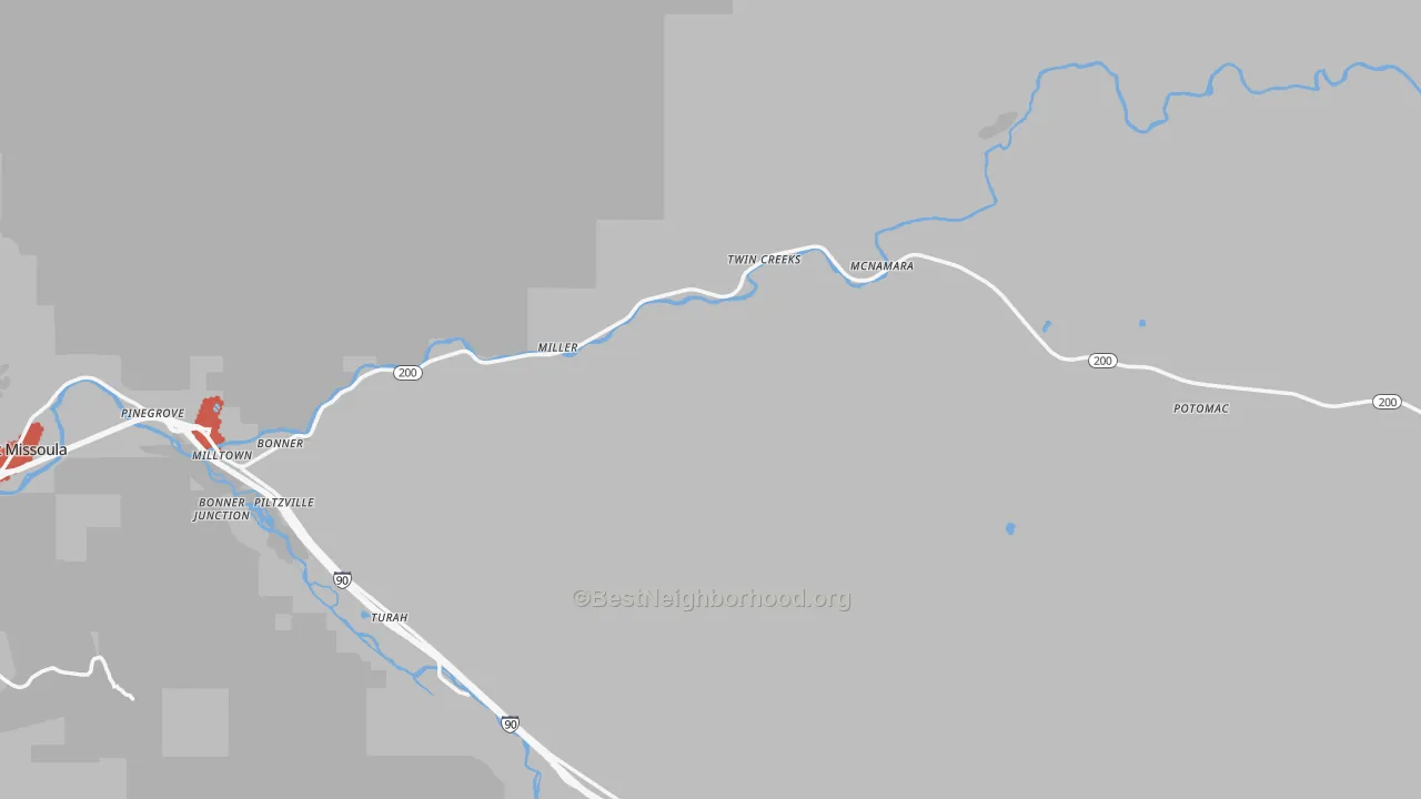 Walk Grade map of Bonner, MT, walkable areas in green and car-dependent areas in red