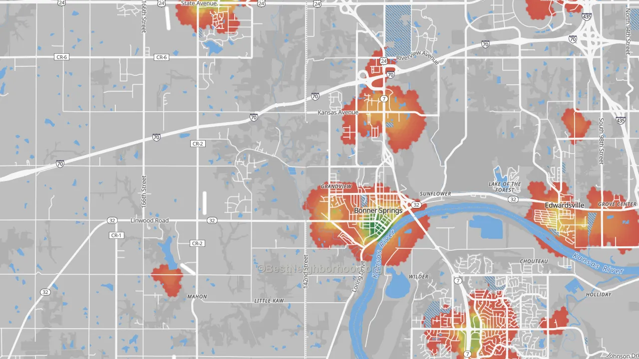 Walk Grade map of Bonner Springs, KS, walkable areas in green and car-dependent areas in red