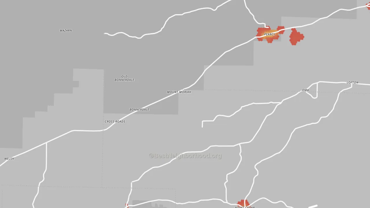 Walk Grade map of Bonnerdale, AR, walkable areas in green and car-dependent areas in red