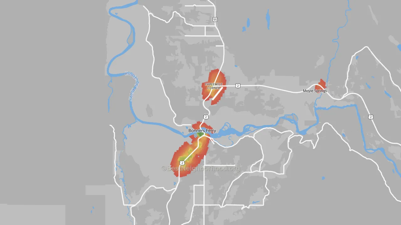Walk Grade map of Bonners Ferry, ID, walkable areas in green and car-dependent areas in red