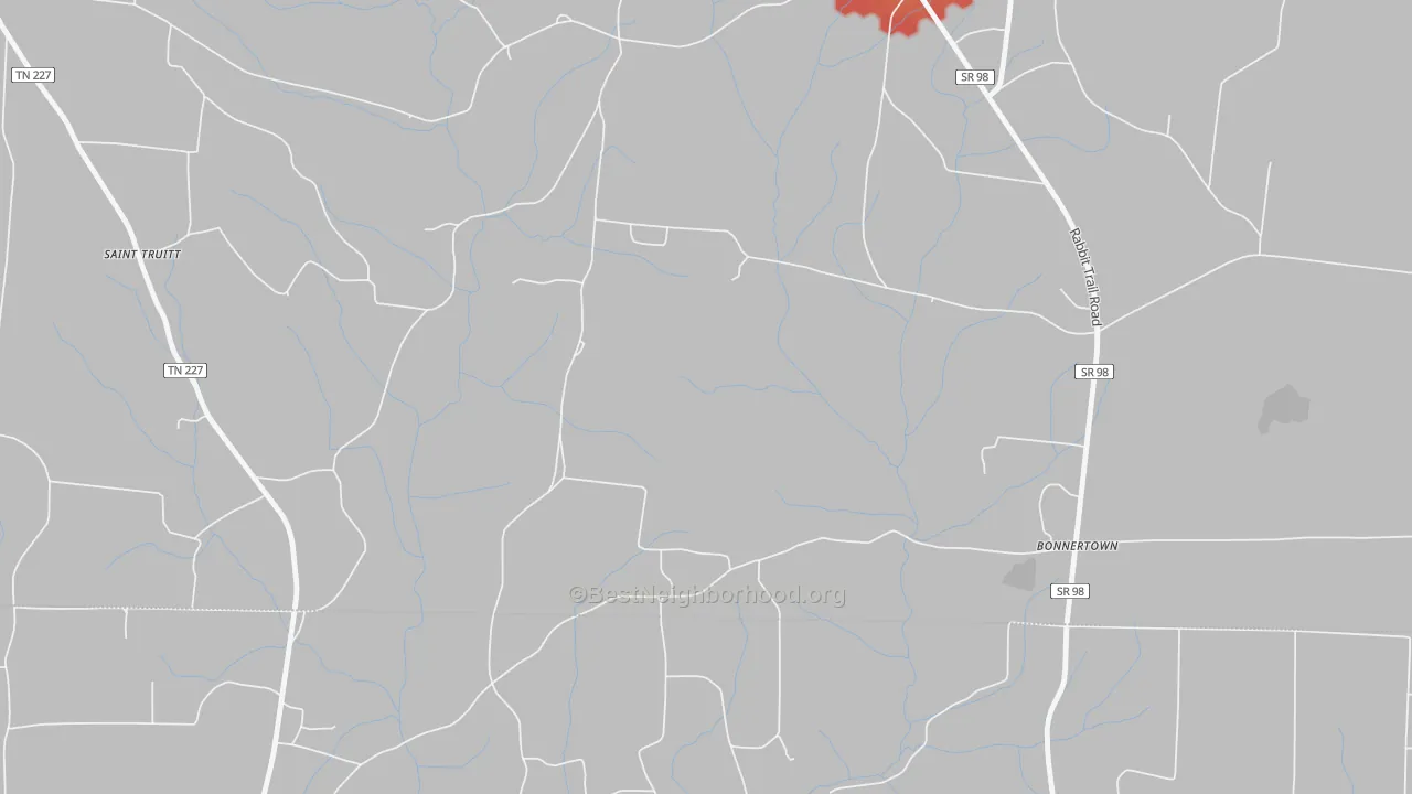 Walk Grade map of Bonnertown, TN, walkable areas in green and car-dependent areas in red