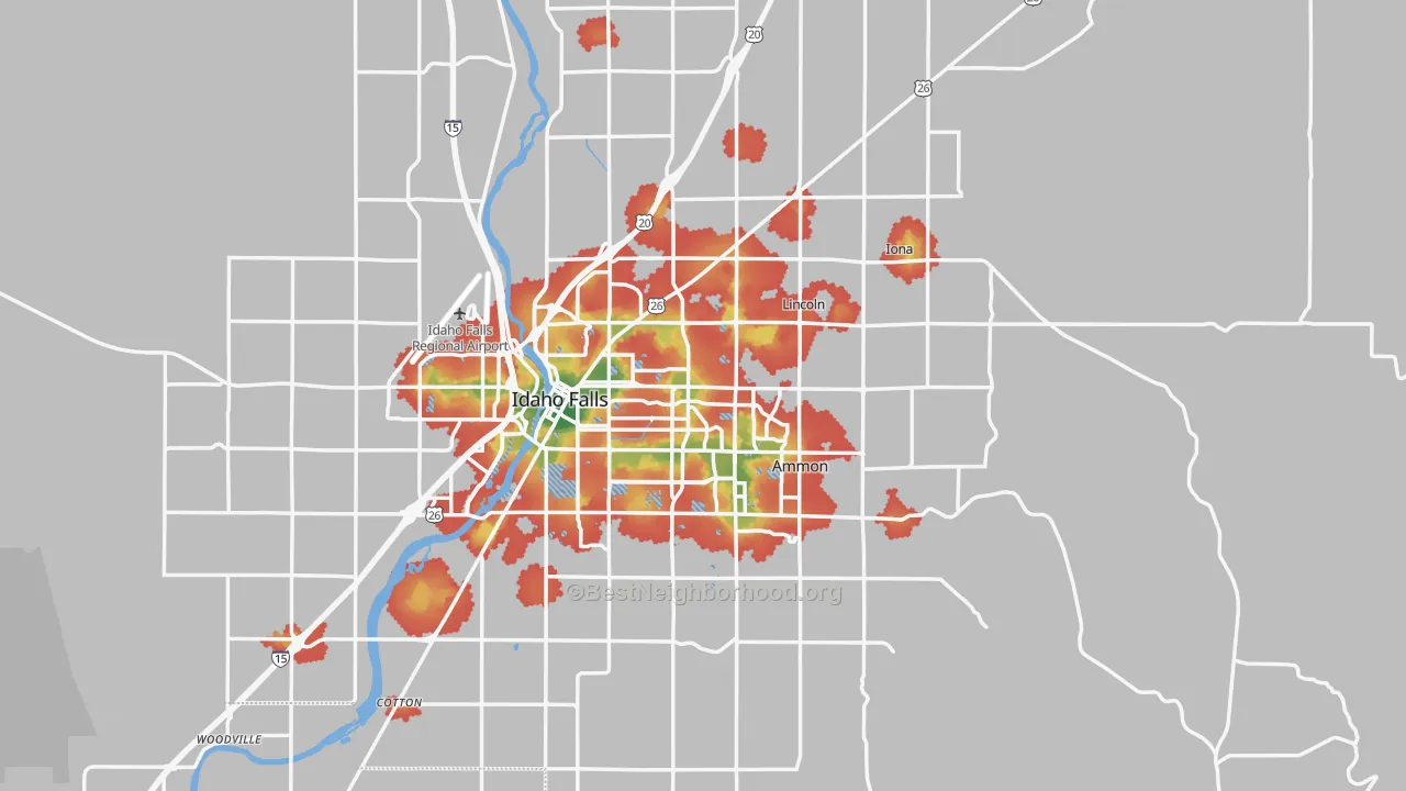 Walk Grade map of Bonneville County, ID, walkable areas in green and car-dependent areas in red