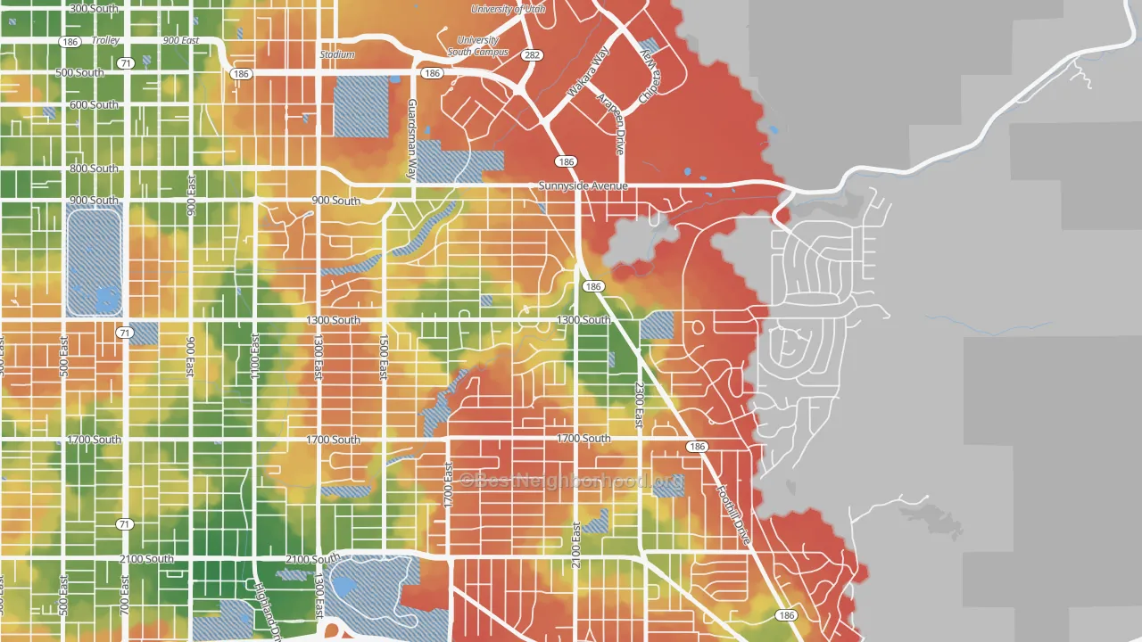 Walk Grade map of Bonneville Hills, Salt Lake City, UT, walkable areas in green and car-dependent areas in red