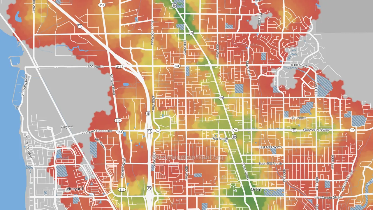 Walk Grade map of Bonneville, Orem, UT, walkable areas in green and car-dependent areas in red