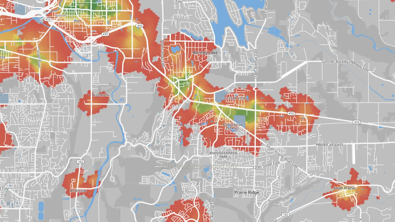 Walk Grade map of Bonney Lake, WA, walkable areas in green and car-dependent areas in red