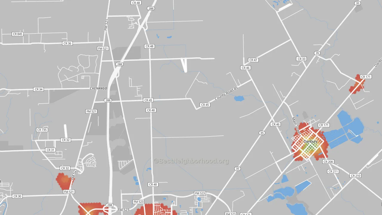 Walk Grade map of Bonney, TX, walkable areas in green and car-dependent areas in red