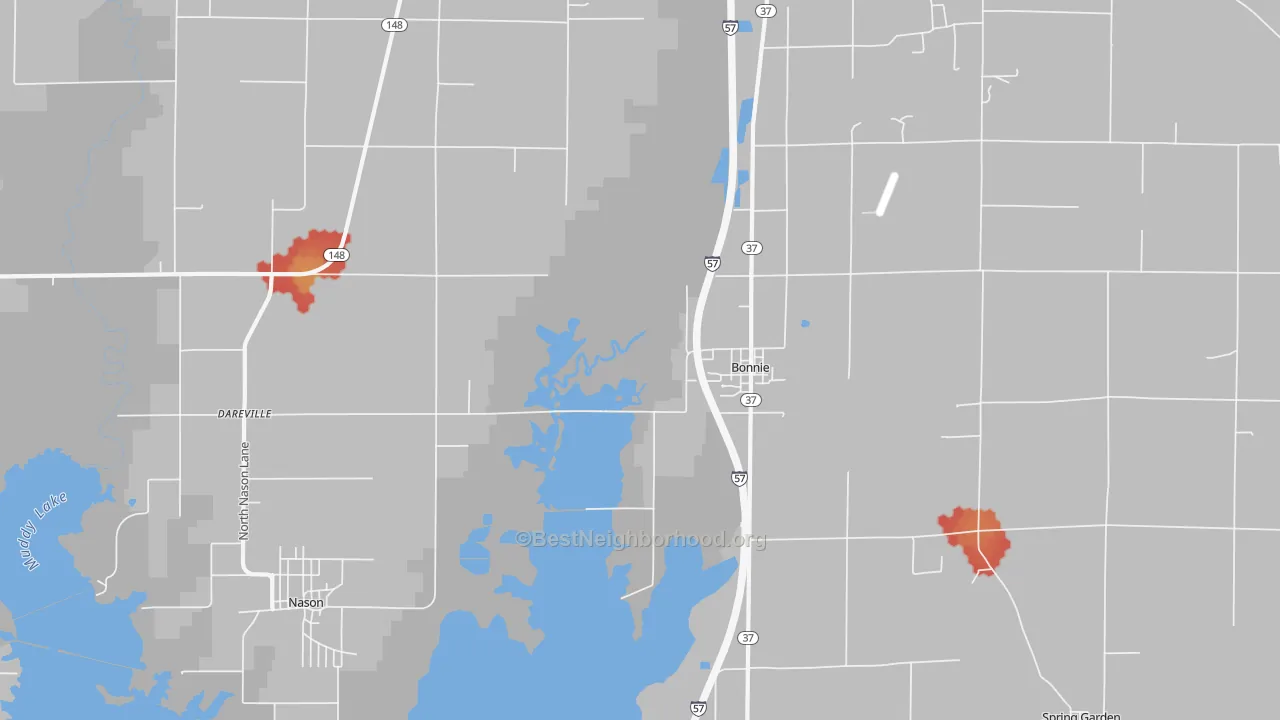 Walk Grade map of Bonnie, IL, walkable areas in green and car-dependent areas in red