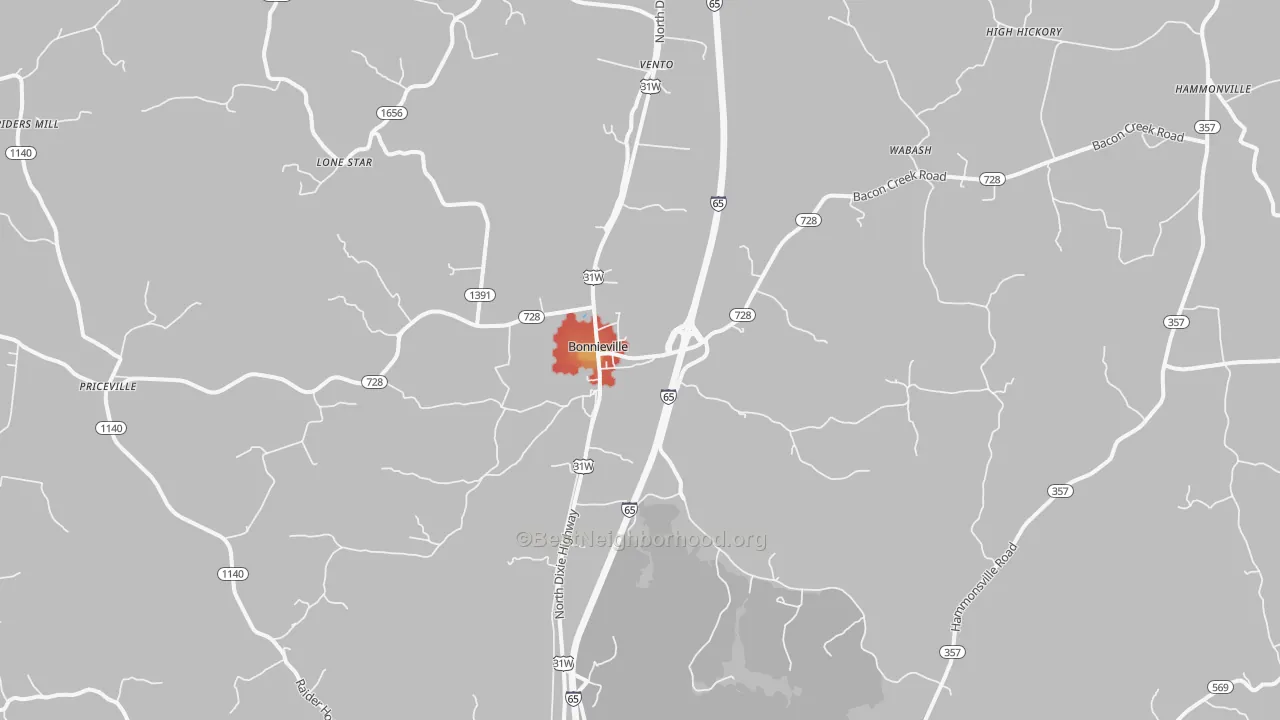 Walk Grade map of Bonnieville, KY, walkable areas in green and car-dependent areas in red