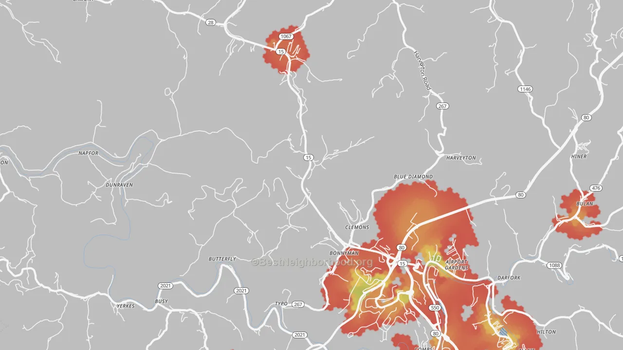 Walk Grade map of Bonnyman, KY, walkable areas in green and car-dependent areas in red