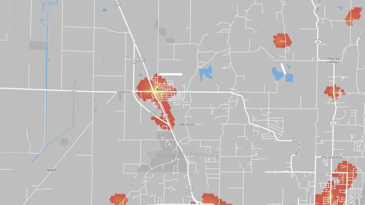 Walk Grade map of Bono, AR, walkable areas in green and car-dependent areas in red