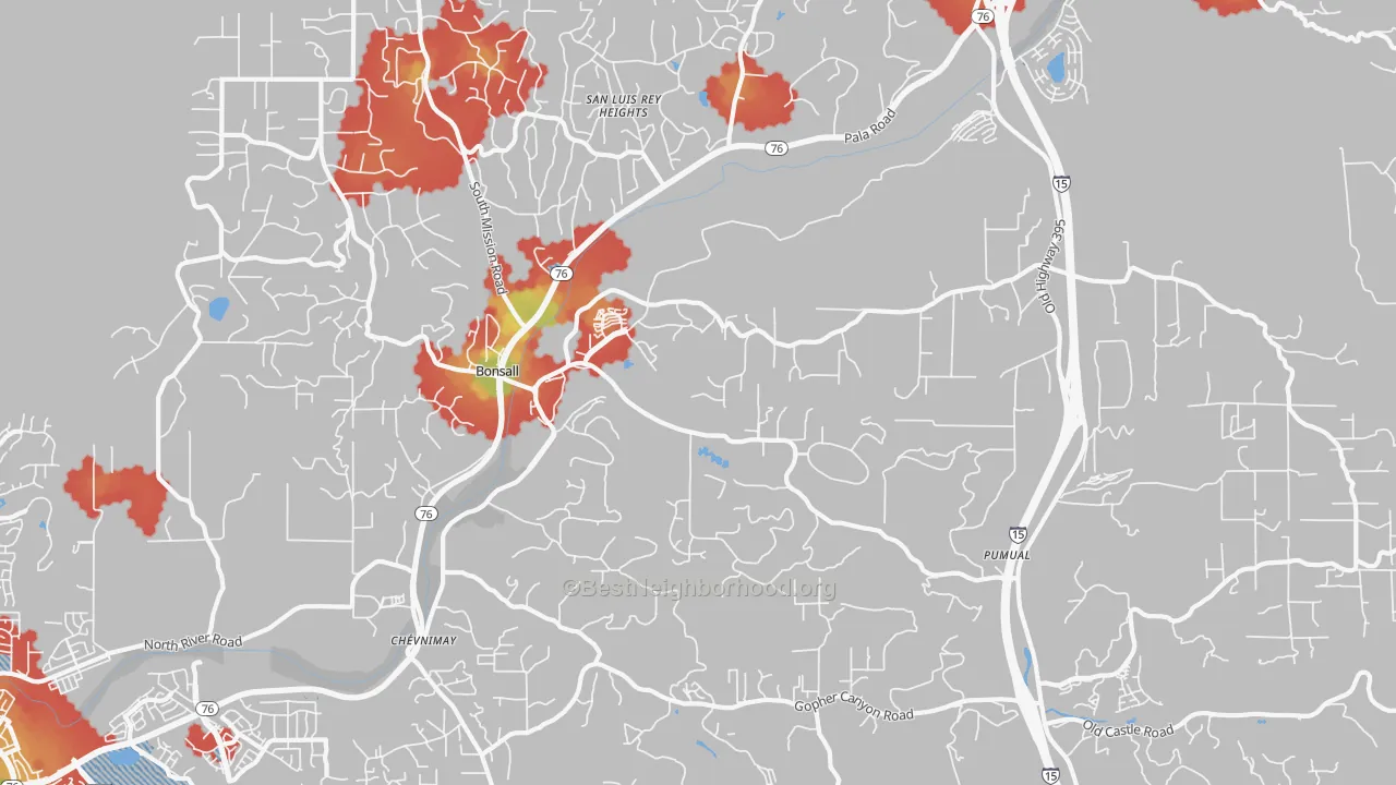 Walk Grade map of Bonsall, CA, walkable areas in green and car-dependent areas in red