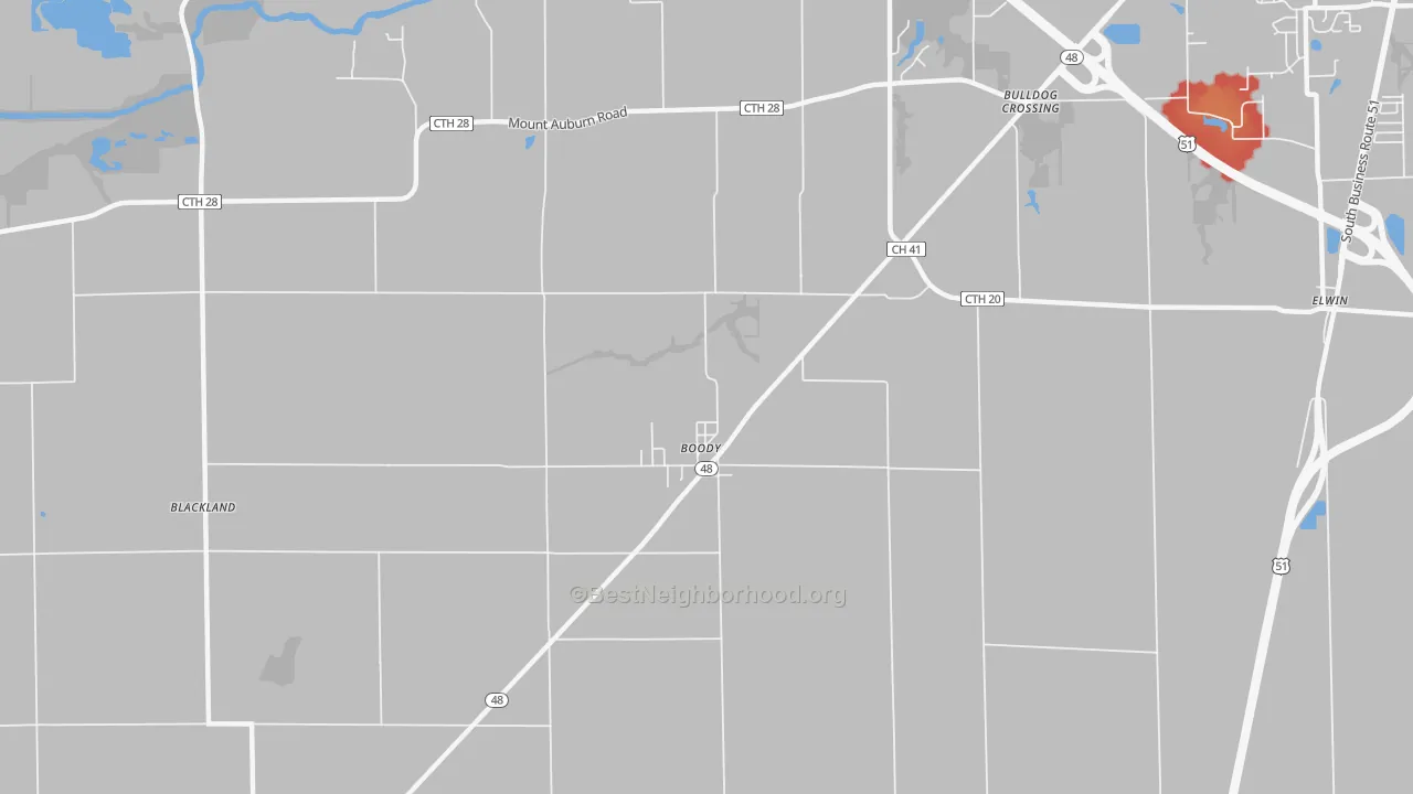 Walk Grade map of Boody, IL, walkable areas in green and car-dependent areas in red