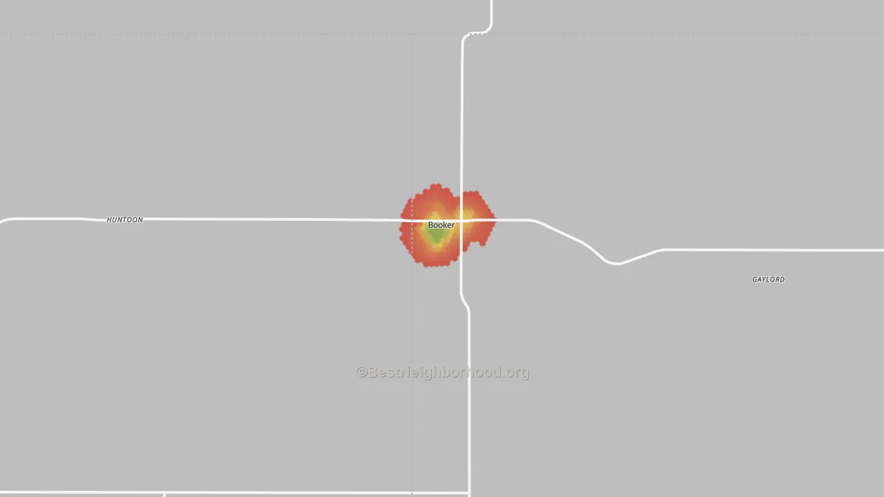 Walk Grade map of Booker, TX, walkable areas in green and car-dependent areas in red