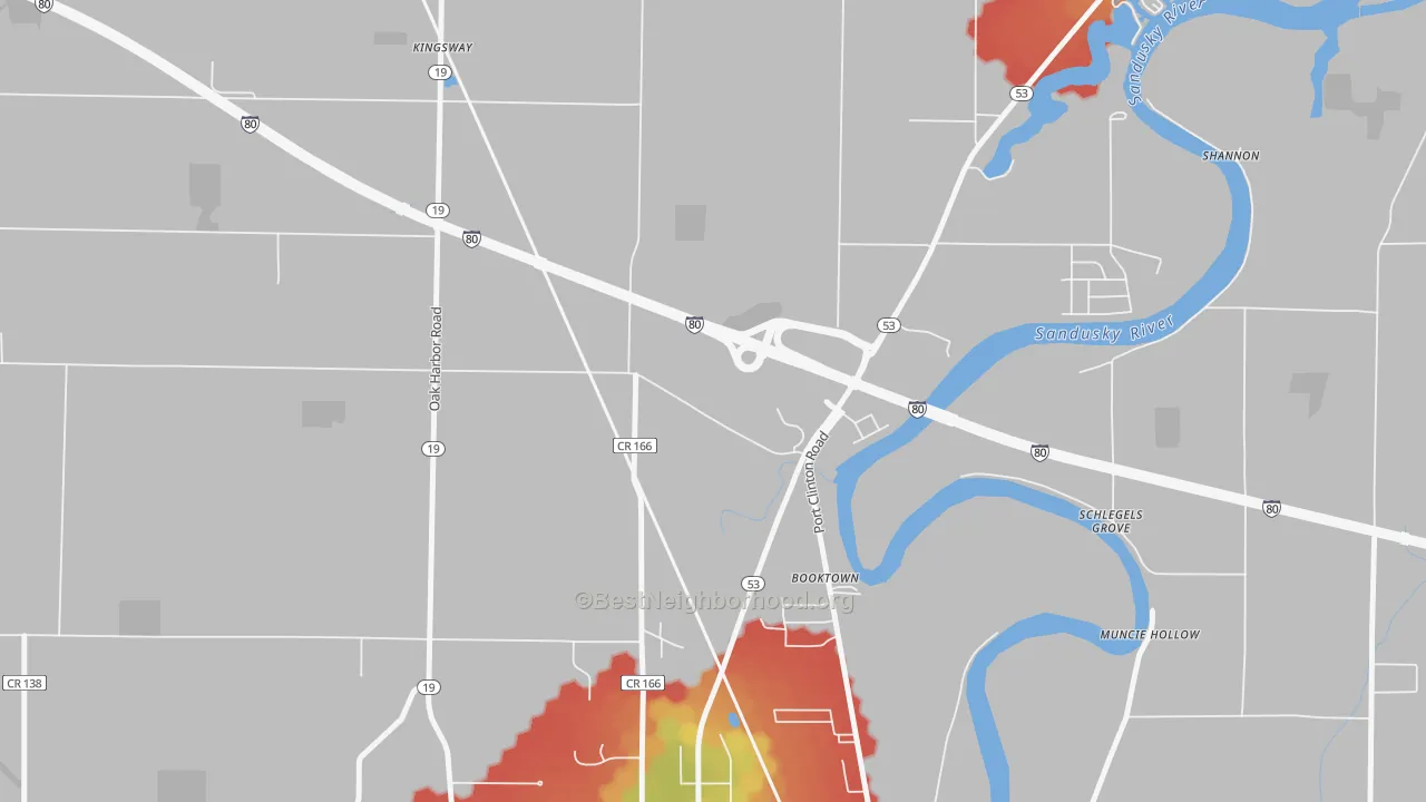 Walk Grade map of Booktown, OH, walkable areas in green and car-dependent areas in red