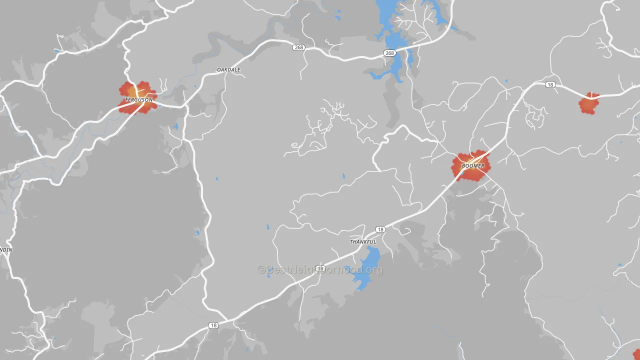Walk Grade map of Boomer, NC, walkable areas in green and car-dependent areas in red