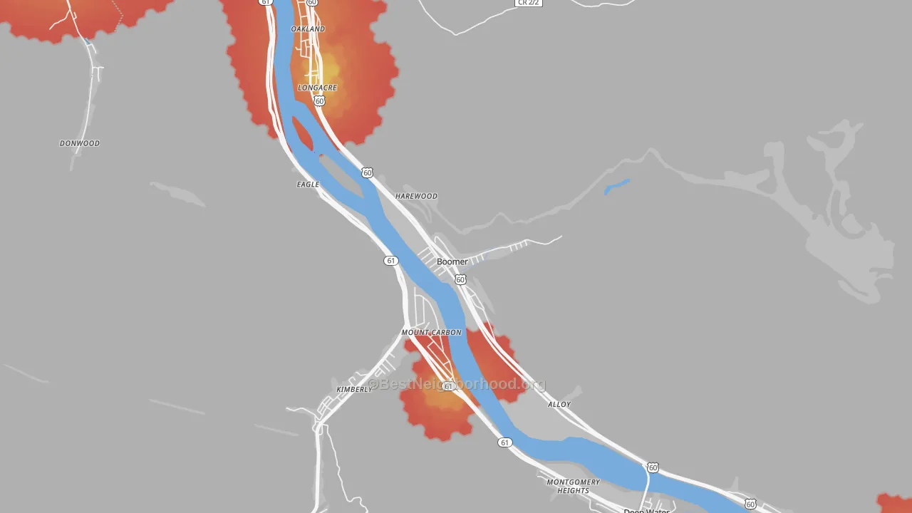 Walk Grade map of Boomer, WV, walkable areas in green and car-dependent areas in red