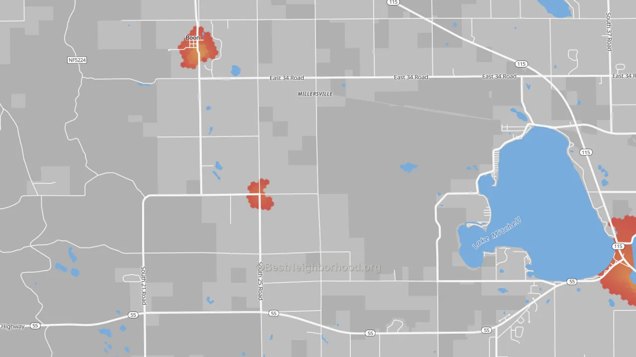 Walk Grade map of Boon, MI, walkable areas in green and car-dependent areas in red
