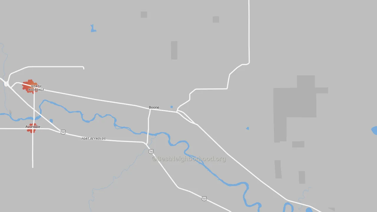 Walk Grade map of Boone, CO, walkable areas in green and car-dependent areas in red