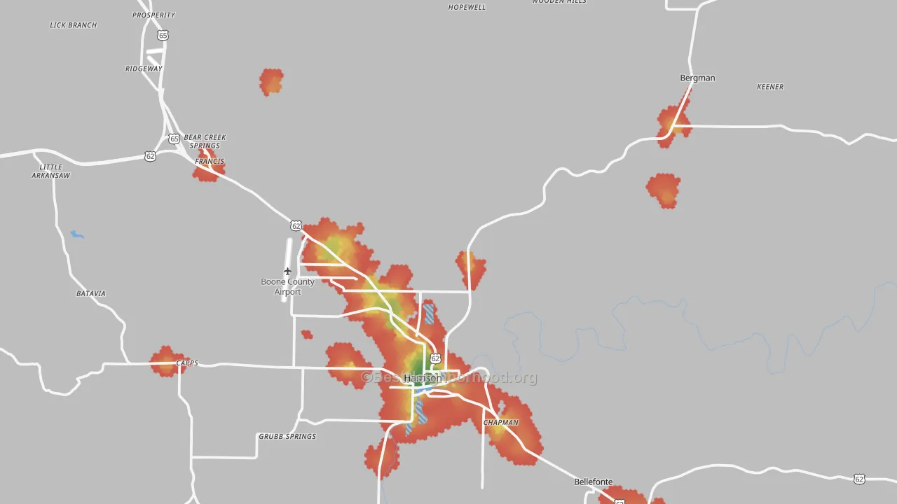 Walk Grade map of Boone County, AR, walkable areas in green and car-dependent areas in red