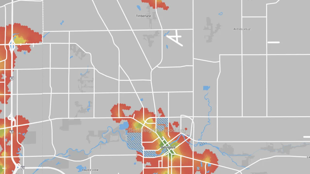 Walk Grade map of Boone County, IL, walkable areas in green and car-dependent areas in red
