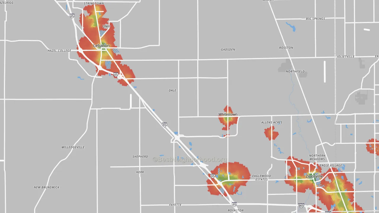 Walk Grade map of Boone County, IN, walkable areas in green and car-dependent areas in red