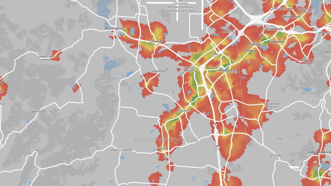Walk Grade map of Boone County, KY, walkable areas in green and car-dependent areas in red