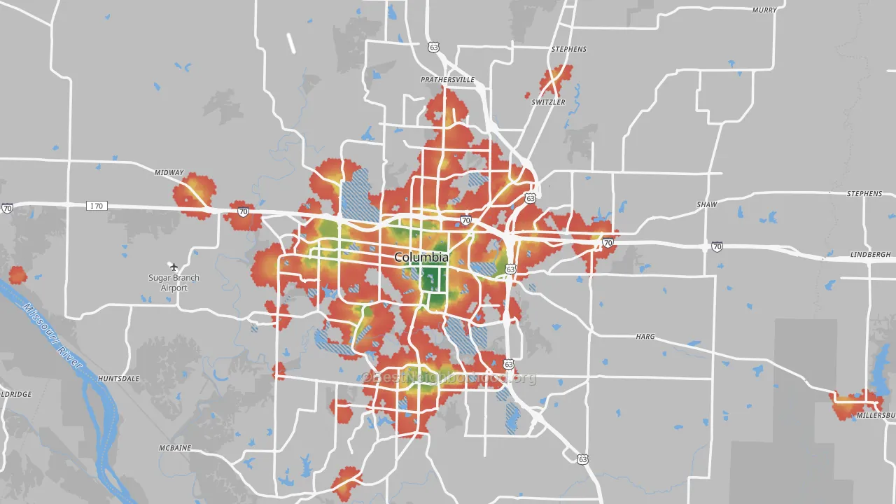 Walk Grade map of Boone County, MO, walkable areas in green and car-dependent areas in red