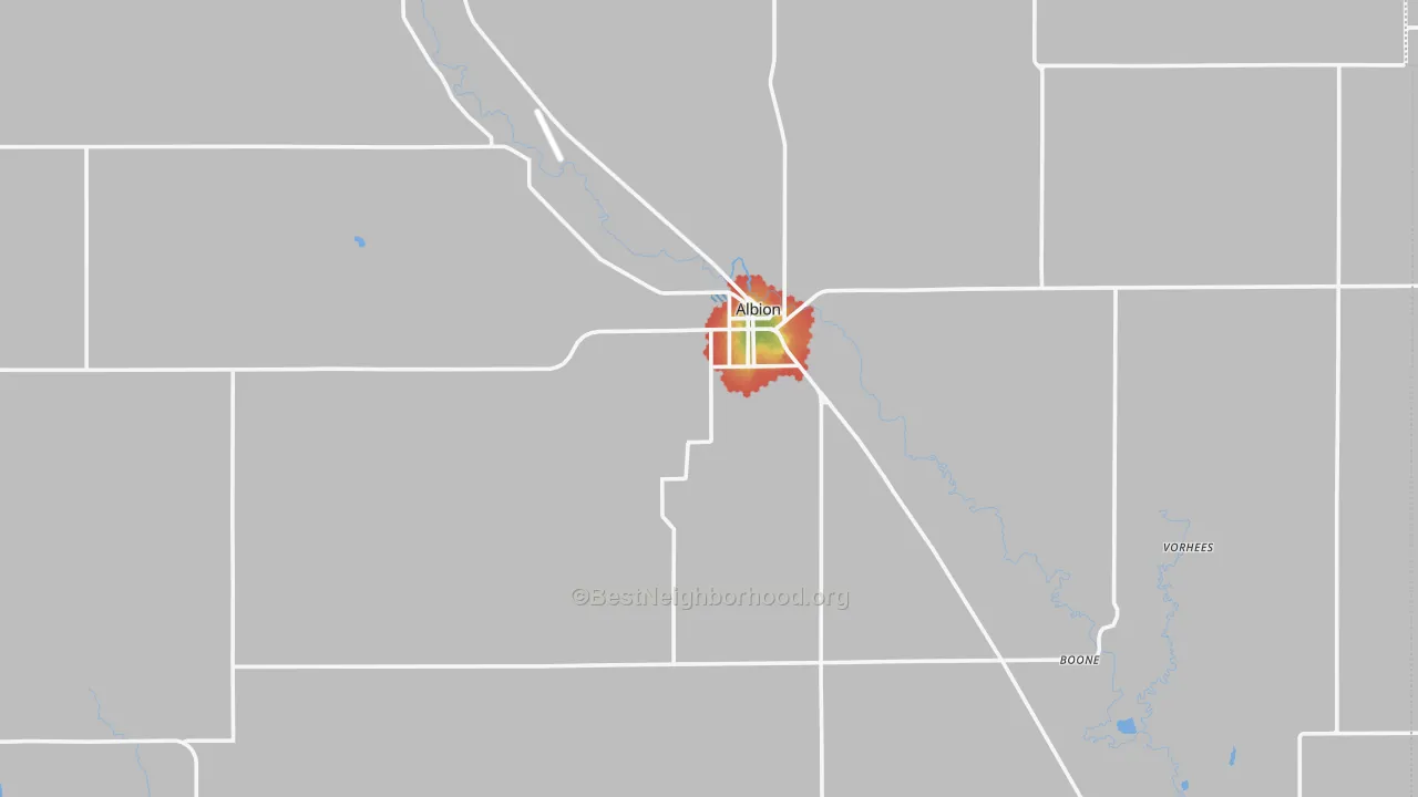 Walk Grade map of Boone County, NE, walkable areas in green and car-dependent areas in red