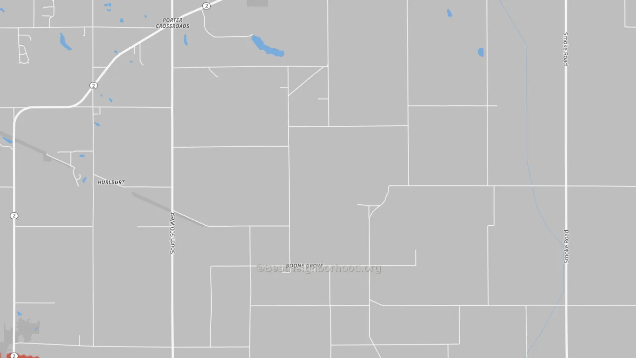 Walk Grade map of Boone Grove, IN, walkable areas in green and car-dependent areas in red