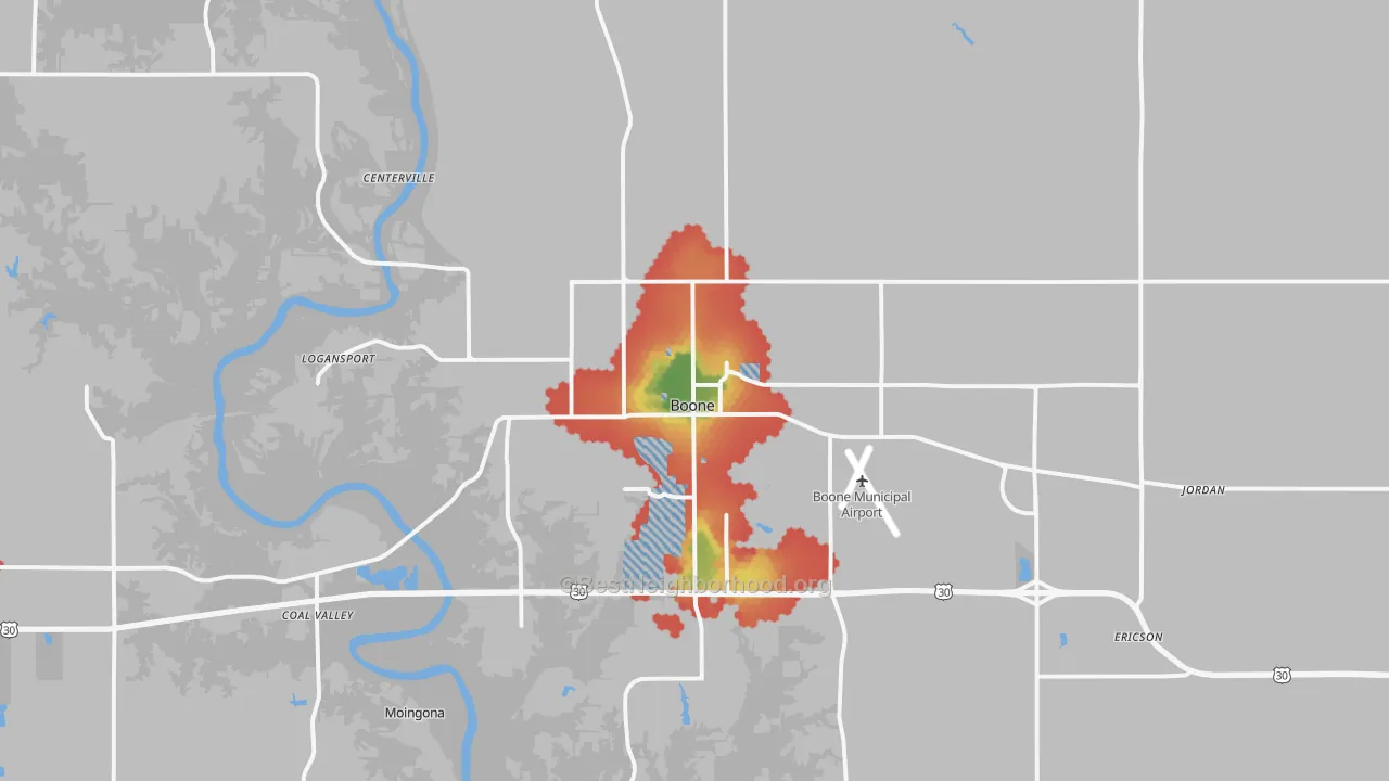 Walk Grade map of Boone, IA, walkable areas in green and car-dependent areas in red