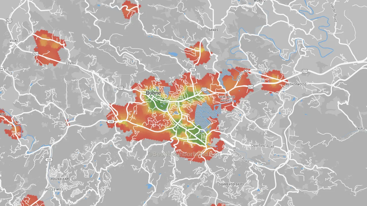 Walk Grade map of Boone, NC, walkable areas in green and car-dependent areas in red
