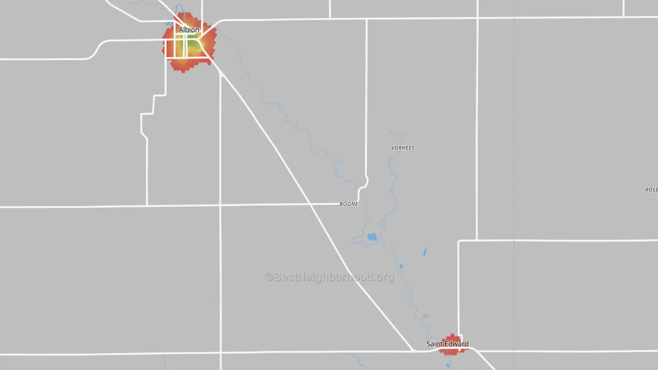 Walk Grade map of Boone, NE, walkable areas in green and car-dependent areas in red