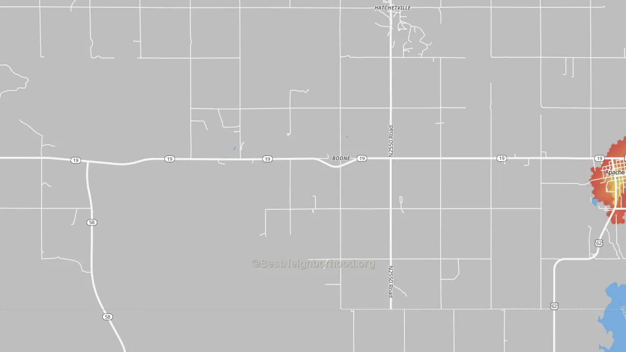 Walk Grade map of Boone, OK, walkable areas in green and car-dependent areas in red