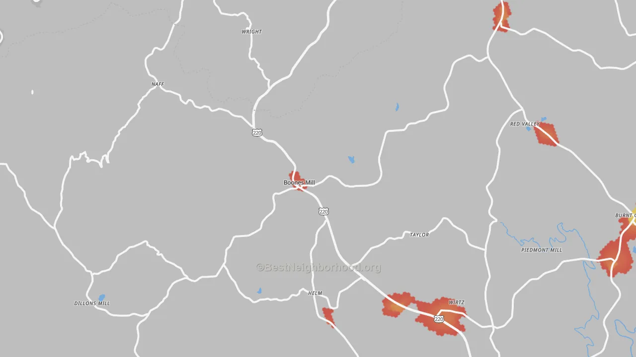 Walk Grade map of Boones Mill, VA, walkable areas in green and car-dependent areas in red