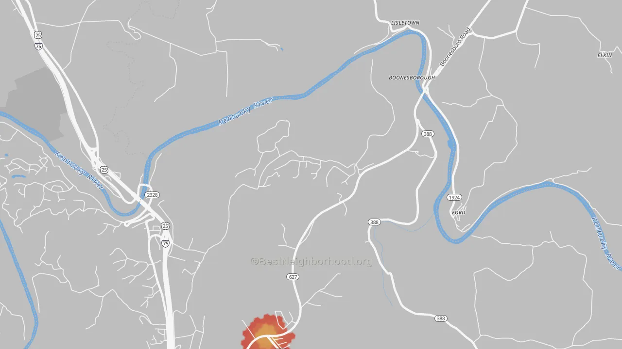 Walk Grade map of Boonesboro, KY, walkable areas in green and car-dependent areas in red