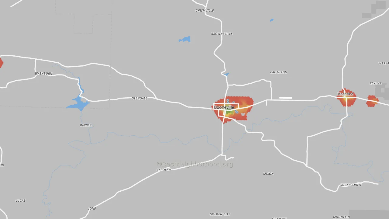 Walk Grade map of Booneville, AR, walkable areas in green and car-dependent areas in red