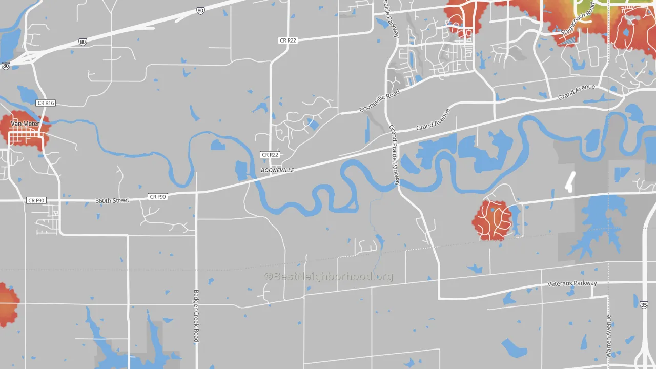 Walk Grade map of Booneville, IA, walkable areas in green and car-dependent areas in red