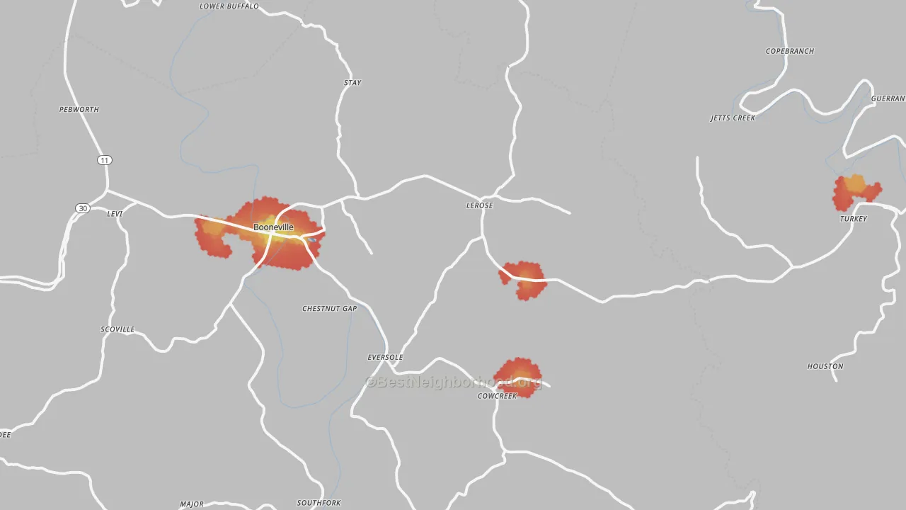 Walk Grade map of Booneville, KY, walkable areas in green and car-dependent areas in red