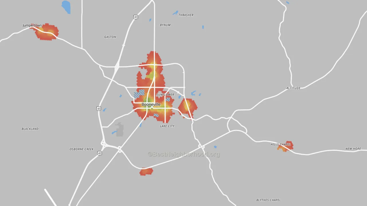 Walk Grade map of Booneville, MS, walkable areas in green and car-dependent areas in red