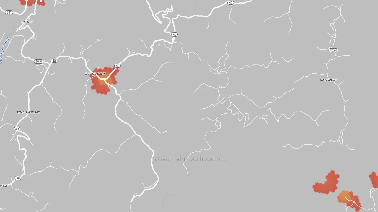 Walk Grade map of Boons Camp, KY, walkable areas in green and car-dependent areas in red